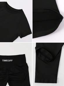 TimeOff Conjunto deportivo de mujer de un solo color sin costuras con cuello redondo, manga corta, cintura acanalada y pantalones de largo medio - Negro - Ver 6