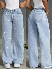 Fashionable Rhinestone Embellished Light Blue Denim Jeans For Teenagers - Light Wash - View 3