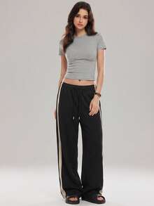 KyrLssu Side Stripe Star Embroidered Wide Leg Sweatpants, Elastic Drawstring High Waist Athletic Long Pants - Black - View 2