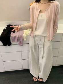 New Minimalist Loose Sun Protection Knit Cardigan, Elegant Versatile Casual Round Neck Long Sleeve Knit Sweater - Baby Pink - View 2