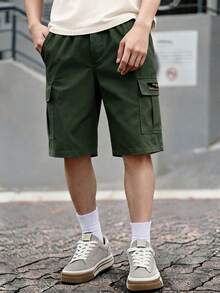 1 件青少年男孩休闲运动户外口袋时尚简约实用短裤，春/秋 - 軍綠色 - 查看 7