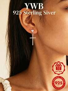 S925 純銀心形十字架吊墜耳環，極簡風女士婚禮珠寶，附禮盒 YWB-A2079 - 銀色 - 查看 7