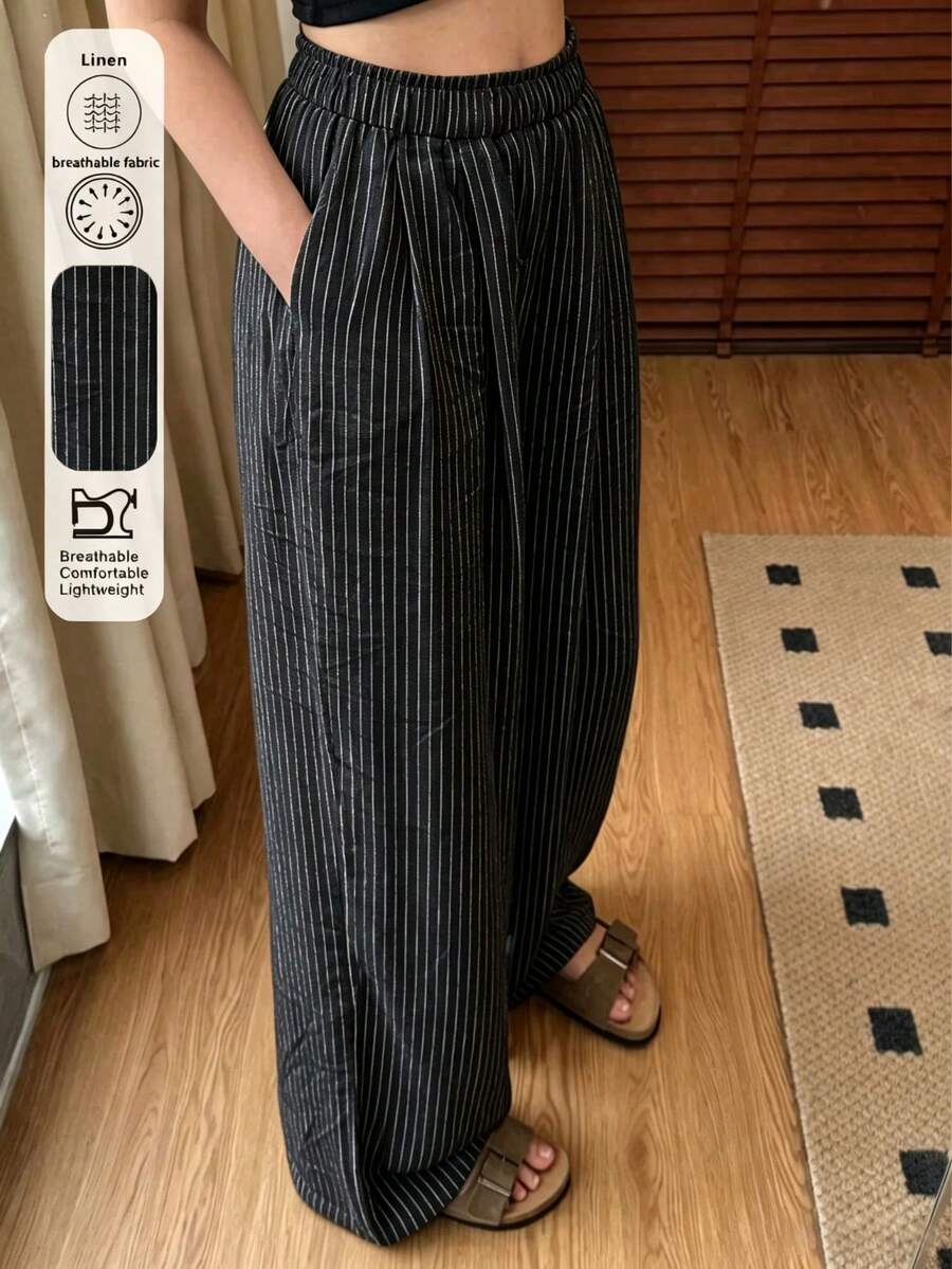 女款亞麻條紋口袋寬腿寬鬆休閒長褲 黑色 - 黑色 - 查看 1
