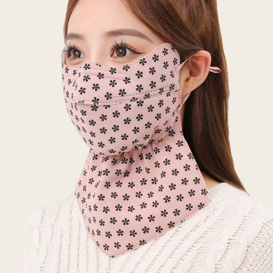 Masker Wajah Hangat Musim Dingin Motif Bunga untuk Wanita dengan Pelindung Leher, Desain Hidung Lipat, Tahan Angin dan Dingin, Masker Luar Ruangan dengan Tali Telinga yang Dapat Diatur - Berwarna merah muda - View 1