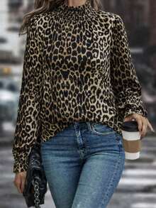 Women's Long-Sleeved Turtleneck Blouse With Gingham Detail And Leopard Print., 31728 - Multicolor - View 1