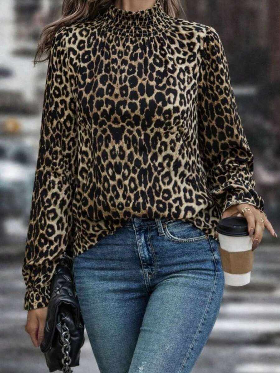Women's Long-Sleeved Turtleneck Blouse With Gingham Detail And Leopard Print., 31728 - Multicolor - View 1
