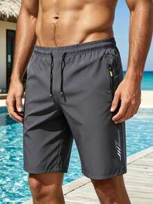 1 pieza Pantalones cortos deportivos de verano para hombre, cintura elástica con cordón, bolsillos con cremallera, estampado geométrico, adecuado para fitness y correr - Gris - Ver 1