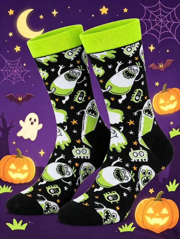 1 Pair Men Monster Crew Socks, Cute Green Cartoon Monster Pattern, Fun Novelty Monster Graphic, Great For Daily Wear & Halloween Party Holiday Gifts