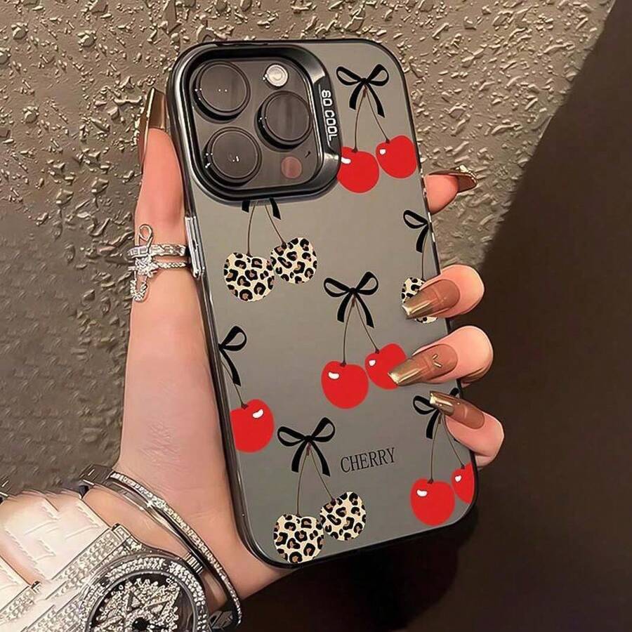 Fashion Cherry & Leopard-Print Pattern Phone Case, Cute Phone Protective Cover, Phone Accessory Compatible With IPhone 11 12 13 14 15 16 Pro Max/Pro/Plus - Black - View 1