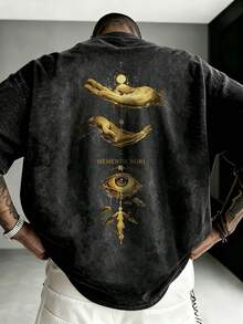 Men's Summer Mysterious Eye Gold Print Front & Back Short Sleeve, Vintage Acid Wash Street Casual Top - Black - View 3
