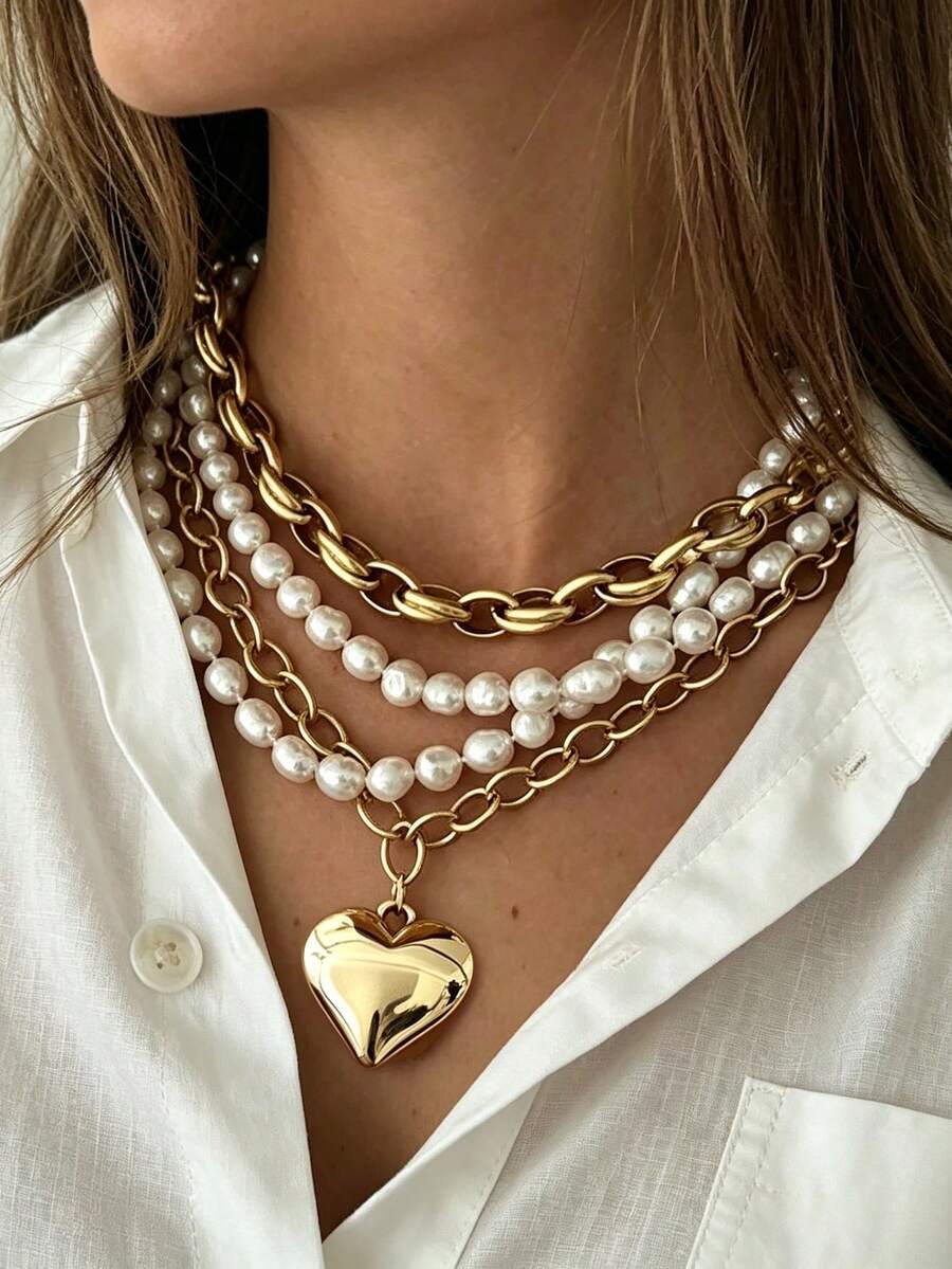 4pcs/1pc Vintage Elegant Minimalist Bohemian Style Women's Multi-Layer Heart Pearl Necklace, Suitable For Daily Wear, Party, Date, Wedding, Gift - Gold - View 1