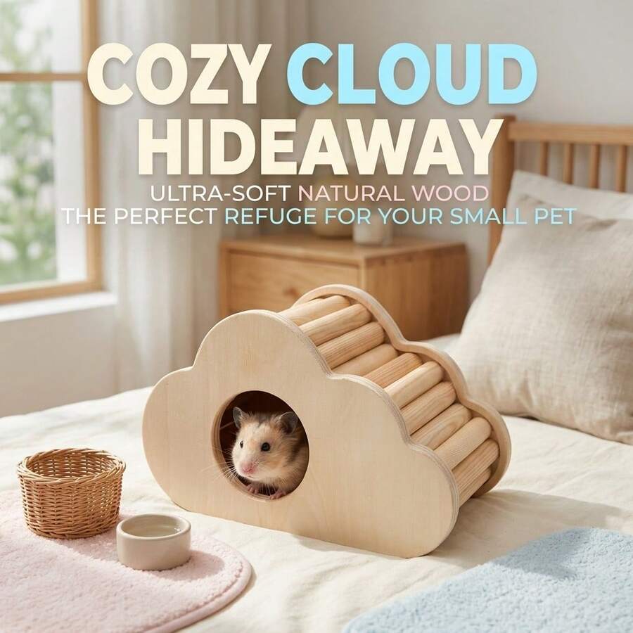 Wooden Hamster Hideout, Natural Cloud-Shaped Hamster House, Suitable For Hamsters, Gerbils And Mice, Beautiful Small Pet Nesting Habitat And Cage Accessory, Chewing Landscape Accessory