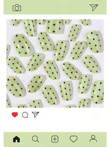 30片Y2K短橢圓貓眼穿戴甲，草綠色波點圖案壓克力假指甲套組，含1片果凍膠與1片指甲锉 - 彩色 - 查看 4