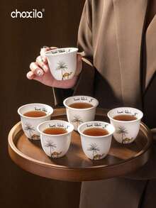 choxila 6Pcs Desert Camel Palm Print Ceramic Coffee Cups With Matching Polyester Anti-Slip Coasters Set, Middle Eastern Saudi Thickened Heat-Resistant Tea Mugs, Retro Table Decor For Home Office Gathering, Ideal Gift For Saudi National Day Ramadan Eid - Camel Coffee Cup - View 2