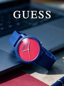 Jam Tangan GUESS Unisex Seri Logo Segitiga dan Tanda Tanya Retro, Dial Logo Timbul, Tali Silikon Multi-Warna, Jam Tangan Quartz Kasual Gaya Jalanan - Hot Pink - View 2