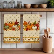 2PCS Kitchen Towels Vintage Floral Border Pumpkin Flower Pattern, Ultra-Fine Microfiber Material Soft Kitchen Towels Dish Cloths, Hand Towels, Tablecloths, Kitchen Decor, Kitchen Cleaning, Bathroom Cleaning, Holiday Party Decoration, Kitchen Bathroom Supplies Home Essentials, Home Decor, Housewarming Gift - Coral Orange - View 9