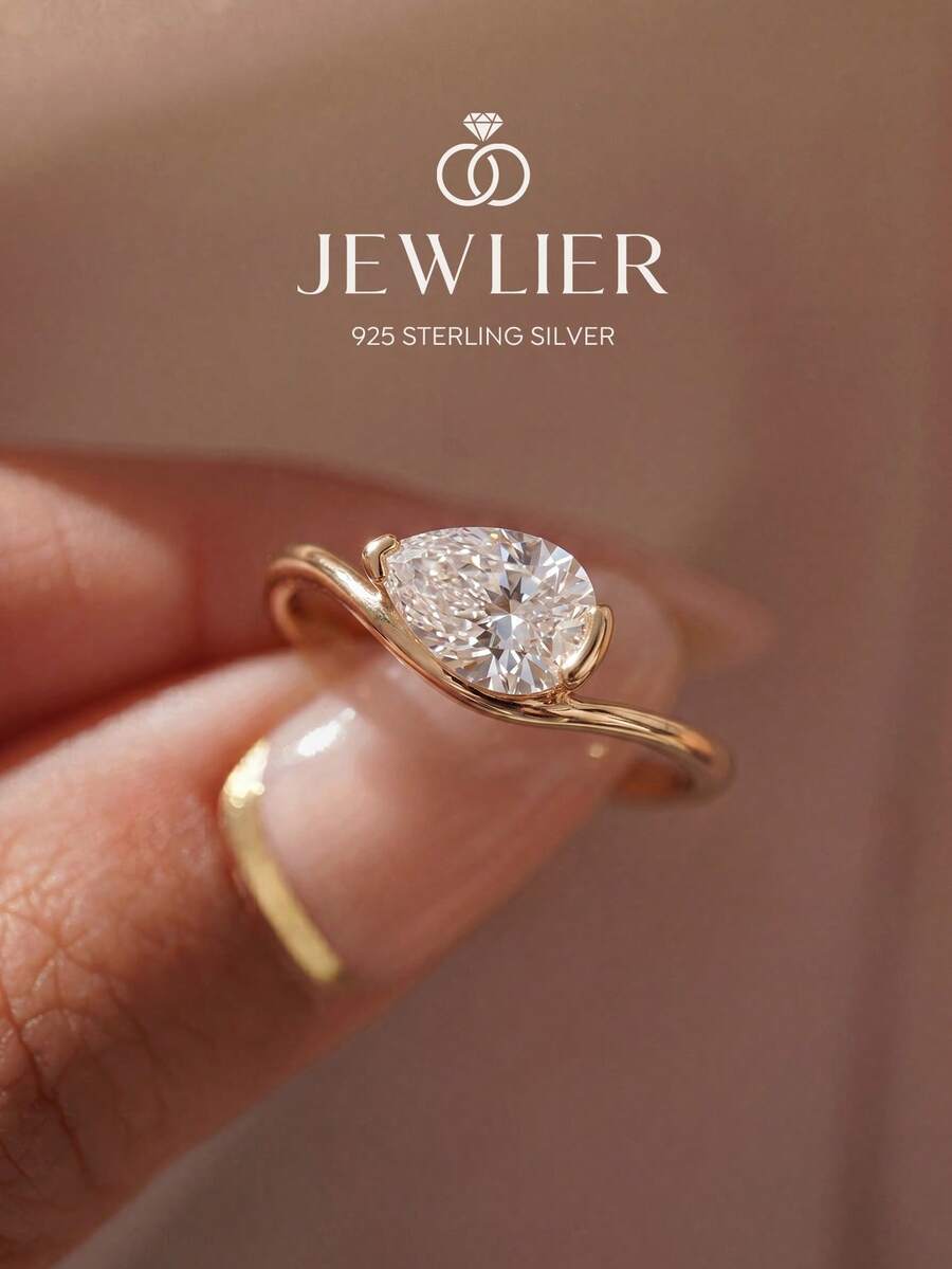 1 pieza Anillo de plata de ley 925 con onda de lágrima y cristal, joya exquisita y única, regalo adecuado para asistir a bailes, reuniones y fiestas