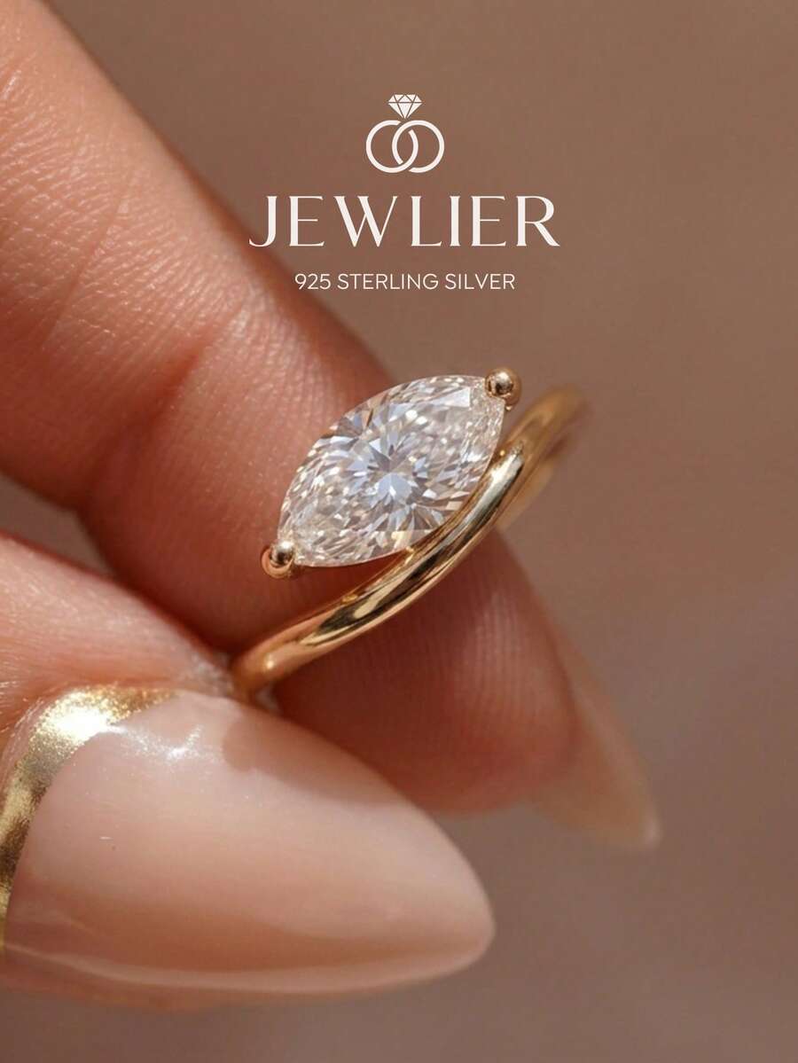 1枚925纯银极简主义立方氧化锆马眼形2克拉戒指，优雅独特，女士风格，完美适用于派对和正式场合，做工精湛，是送给女友的理想周年纪念礼物。