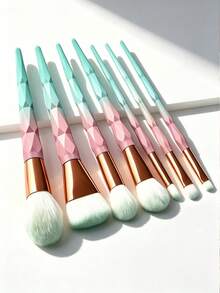 Soft Aesthetic Style Synthetic Bristle Plastic Handle Diamond Cut Faceted Design Pink Green Gradient Rose Gold Metal Band 7pcs Makeup Brush Set With PU Storage Bag Suitable For Foundation Blush Eyeshadow Blending Birthday Gift Travel Vanity All Season Use - Multicolor - View 9
