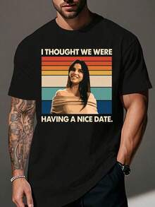 1 Retro Style Cotton T-Shirt With Striped Print And Funny Text, Crew Neck, Ideal For Casual Outings And Daily Wear In Spring/Summer - Black - View 2