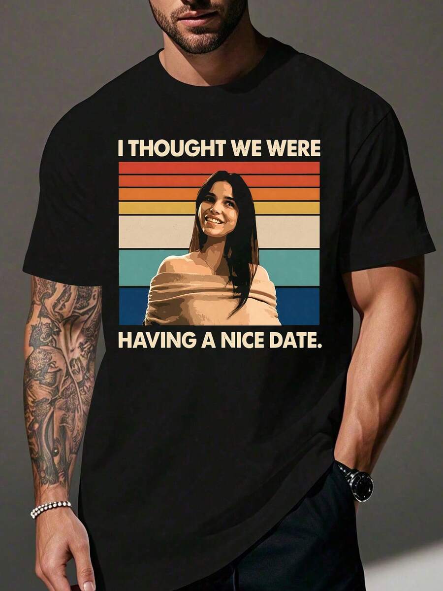 1 Retro Style Cotton T-Shirt With Striped Print And Funny Text, Crew Neck, Ideal For Casual Outings And Daily Wear In Spring/Summer
