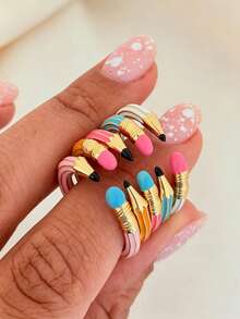 1pc Cute 3D Colorful Pencil Shape Open Adjustable Ring,Gold Tone Enamel Cartoon Writing Pencil Design Finger Ring,For Women Teen Girls Daily Gift - Multicolor - View 1