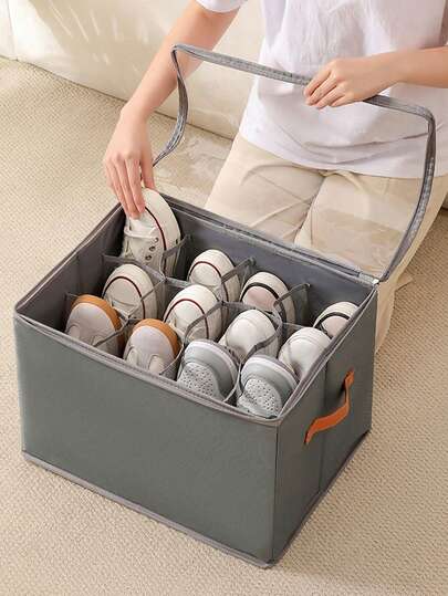 [Foldable Shoe Storage Box] 1pc Foldable Oxford Cloth Shoe Storage Box With Lid - Dust-Proof Shoe & Accessory Storage Box, 12-Grid Design Multi-Functional Closet Divider Storage Box, Bedroom Closet Organizer Home Storage