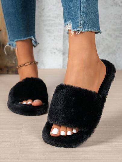 Elegant Women Soft Black Fuzzy Slippers Comfort Slip On Indoor Flat Slides