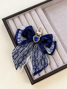 1pc Lace Satin Bow Heart Rhinestone Pearl Bag Charm, Sweet Girl Keychain Accessory For Back To School Season - Multicolor - View 9