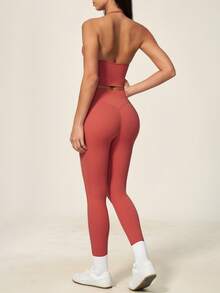 TimeOff Women's One Set Solid Color Deep V Halter Neck Tank Top With Adjustable Straps And High Waist Leggings Set - Red - View 3