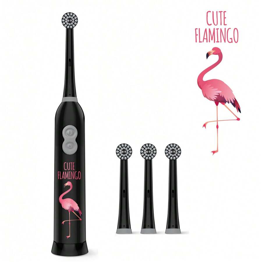 1pc Rotating Electric Toothbrush, 4pcs Brush Heads, 2pcs AAA Batteries, Cute Animal Pattern Electric Toothbrush, Smart Cleaning Battery Powered Electric Toothbrush, Soft Bristles, Multiple Patterns - Black - View 1