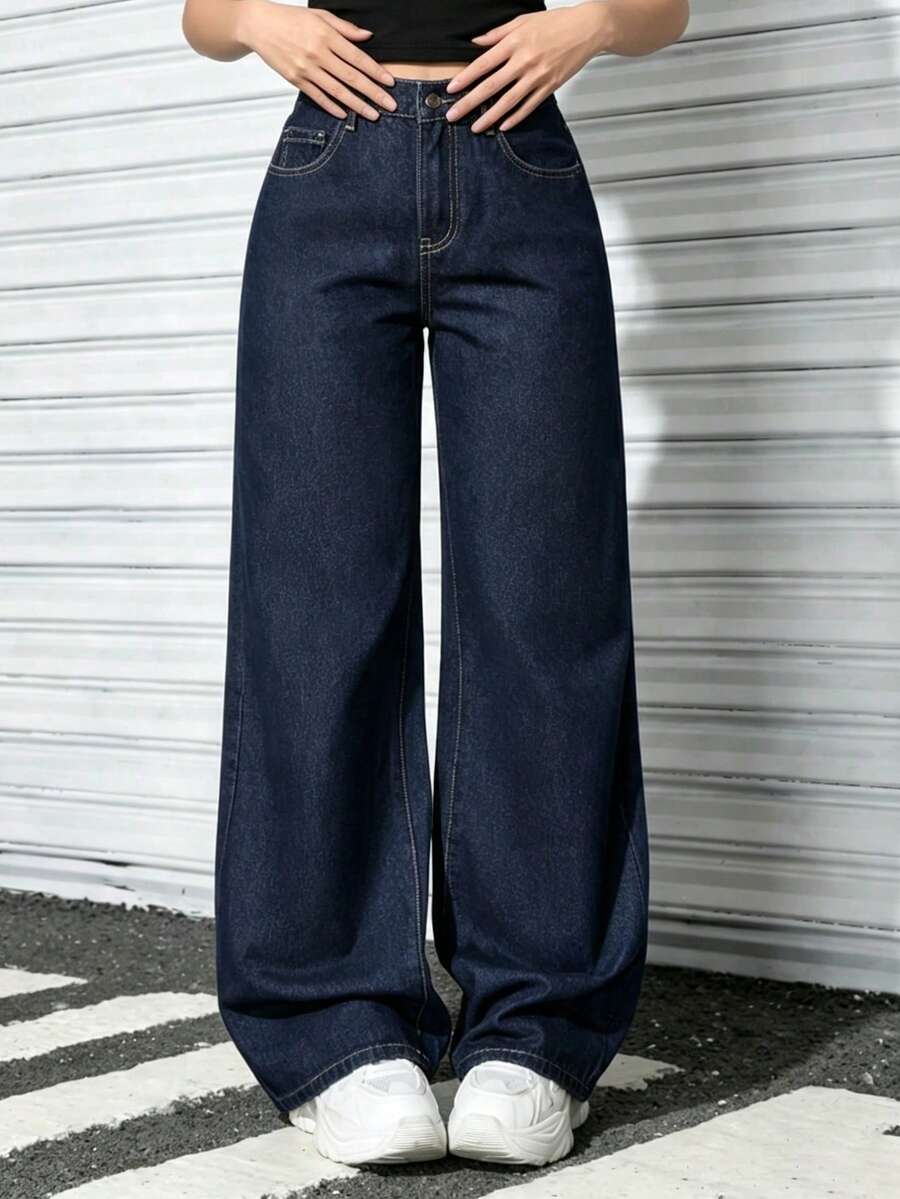 青少年女孩休閒寬鬆直筒牛仔褲,顯腿長效果 - 深色水洗藍 - 查看 1