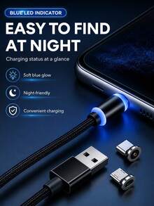 Kabel Pengisian Magnetik 3-in-1, Kabel Pengisi Daya Cepat Jalinan Nilon Berputar dengan Konektor Tipe C, Micro USB, dan Lightning, Kabel Pengisian Daya Ponsel Magnetik Kuat untuk Smartphone dan Tablet - Hitam - View 3
