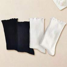 1/3/5 Pairs Women's Cute Ruffle Trim Short Socks, Black & White Color, Polyester Spandex Blend, Machine Washable - Multicolor - View 3