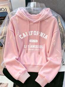 Women's Hooded Sweatshirt, Autumn/Winter New Graphic & Letter Print, Drawstring Design, With Pockets, Casual Versatile Loose Fit Top, Fashion Fall - Light Pink - View 6