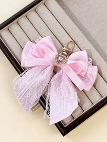 1pc Lace Satin Bow Heart Rhinestone Pearl Bag Charm, Sweet Girl Keychain Accessory For Back To School Season - Multicolor - View 6