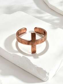 1pc Pure Copper Bracelets Ring Set For Women Men Waterproof Healing Cuff Bracelets And Ring For Men Adjustable Chunky Copper Bangle Jewelry Gifts - Bronze - View 4