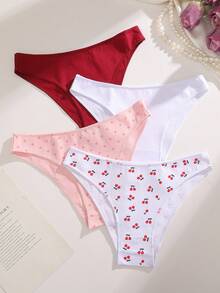 FINETOO 4 Peças Calcinhas Triangulares de Cintura Baixa Femininas em Algodão Puro, Estilo Pastoral com Estampa de Cereja e Poá, Confortáveis e Macias, Conjunto de Roupa Íntima Feminina S-XXL - Multicolorido - Visão 3