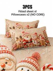 3pcs Christmas Cartoon Santa Claus Snowman Reindeer Print Bedding Set, (1PC Fitted Sheet + 2pcs Pillowcases, Pillow Inserts Not Included,) Polyester Digital Print, Cute Snowman Santa Claus Reindeer Penguin Theme Bedroom Decor, Machine Washable, Bedroom Holiday Home Textiles - Multi-color 1 - View 8