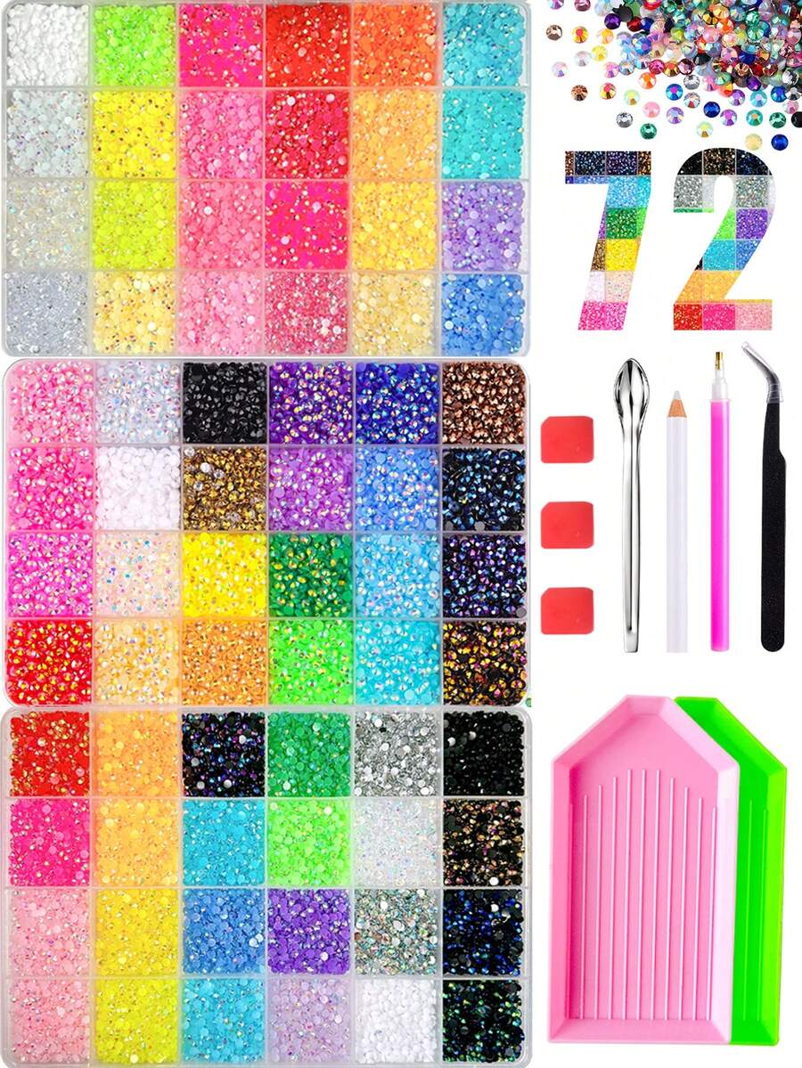 3Box 72 Grids Colorful Flatback Resin Rhinestones Nail Art Kit, Bedazzling Kit Multi Shades Round Crystal Nail Gems With DIY Tools, Bling Rhinestone Accessories For Manicure Crafts Decor - Multicolor - View 1