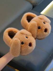 1 Pair Unisex Plush Slippers, Dog Ear Design, With Plush Lining, Non-Slip Soft Rubber Sole, Suitable For Toddlers And Children's Indoor Warm Home Slippers - Light Coffee - View 2