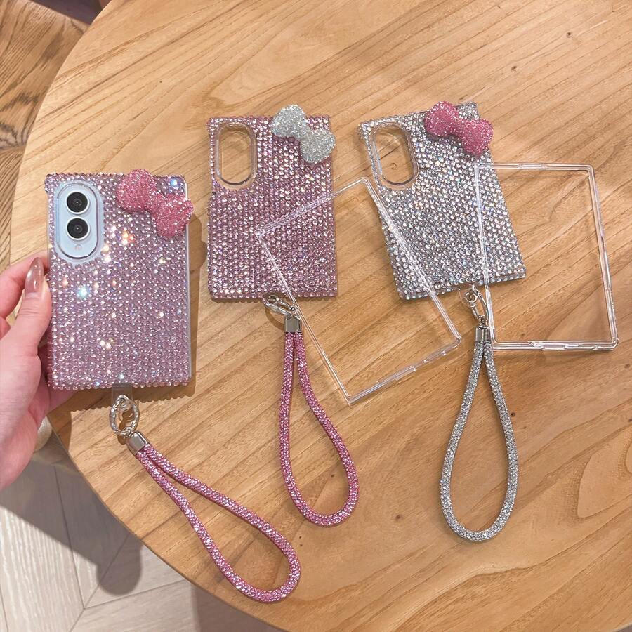 Full Rhinestone 3D Bowknot Sparkling Wrist Strap Phone Case Compatible With Galaxy Z Fold3/Fold4/Fold5/Fold6/Fold7/8 Foldable Screen Luxury Full Coverage Anti-Drop Protective Shell - Silver Diamond Pink Bow - View 1