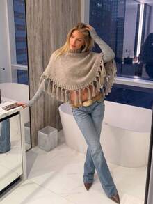 FOR BEAUTY Fall Winter Women Sweaters Y2K Boho Khaki Fringe Tassel Turtleneck Crop Poncho Knit Tops Sweaters Vacation Party Concert Going Out Clothes - Grey - View 5