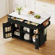 Kitchen Island On Wheels 120 X 45 Cm With Fold-Down Worktop, Kitchen Cart With 2 Drawers, 2 Doors, Spice Shelves And Towel Rail, Kitchen Unit On Wheels With Storage, White - Black - View 12