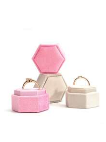 1 Elegant Hexagon Velvet Ring Display Box, White Engagement And Wedding Set Keepsake Box, Double Slot Ring Organizer, Valentine's Day Gift - Jewelry Box - View 3