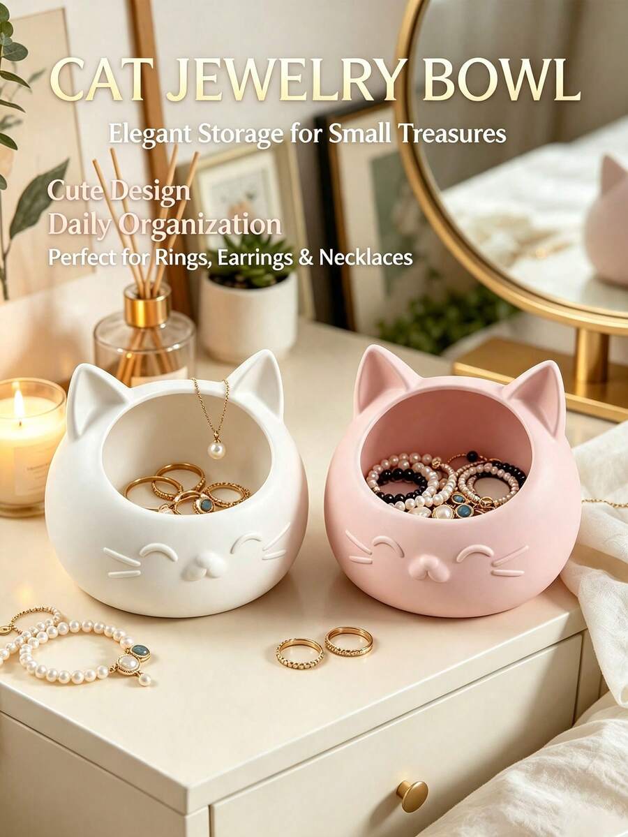 Cozy Healing Style Cartoon Cat-Shaped Storage Box, Cat-Shaped Jewelry Storage Box, Soft Cute Healing Style Vanity Jewelry Box, Sweet Girl Style Ring And Bracelet Storage Box, Bedroom Bedside Exquisite Item Storage, Jewelry Tray - Multicolor - View 1