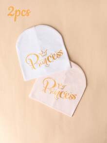 2 Peças Gorro de Algodão Quente com Estampa de Letra de Princesa em Folha para Bebê Menina, Uso Diário em Casa & Ao Ar Livre, Todas as Estações - Multicolorido - Visão 7