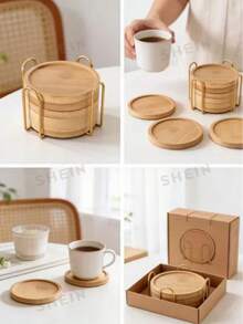 6pcs Bamboo Coaster Set With Holder - Natural Wood Coasters Waterproof Heat-Resistant Suitable For Home/Bar/Kitchen Decor - Wood Color - View 2
