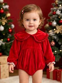Baby Girl Red Peter Pan Collar Bodysuit, Spring/Autumn Christmas Holiday Bodysuit - Red - View 2