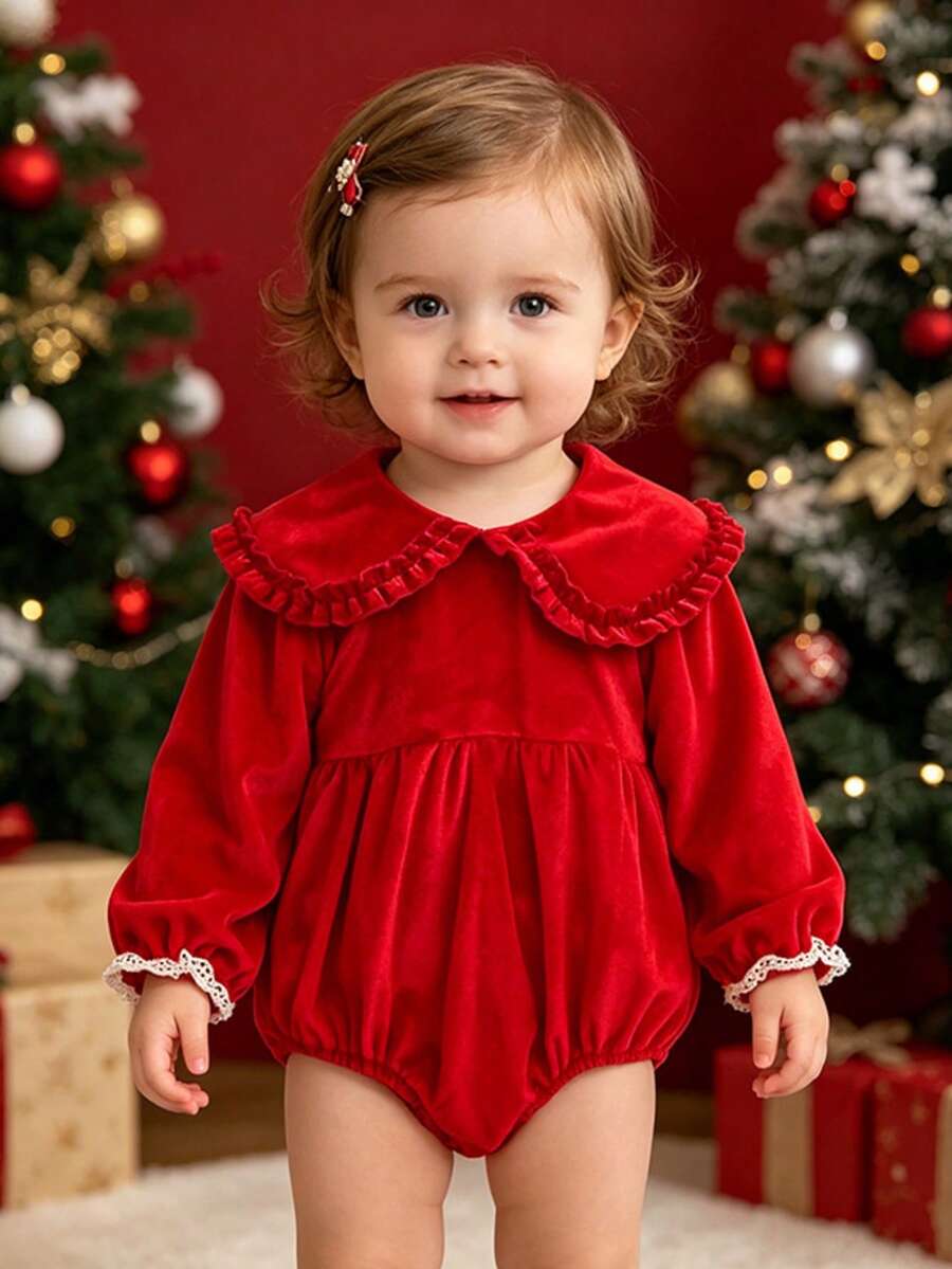 Baby Girl Red Peter Pan Collar Bodysuit, Spring/Autumn Christmas Holiday Bodysuit